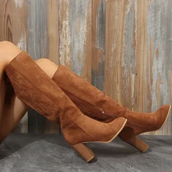 Boots Women Cowboy Heels Western Chunky Shoes Leather Knee High Long Elegant Designer Plus Size New Rock Pole Dance Brown