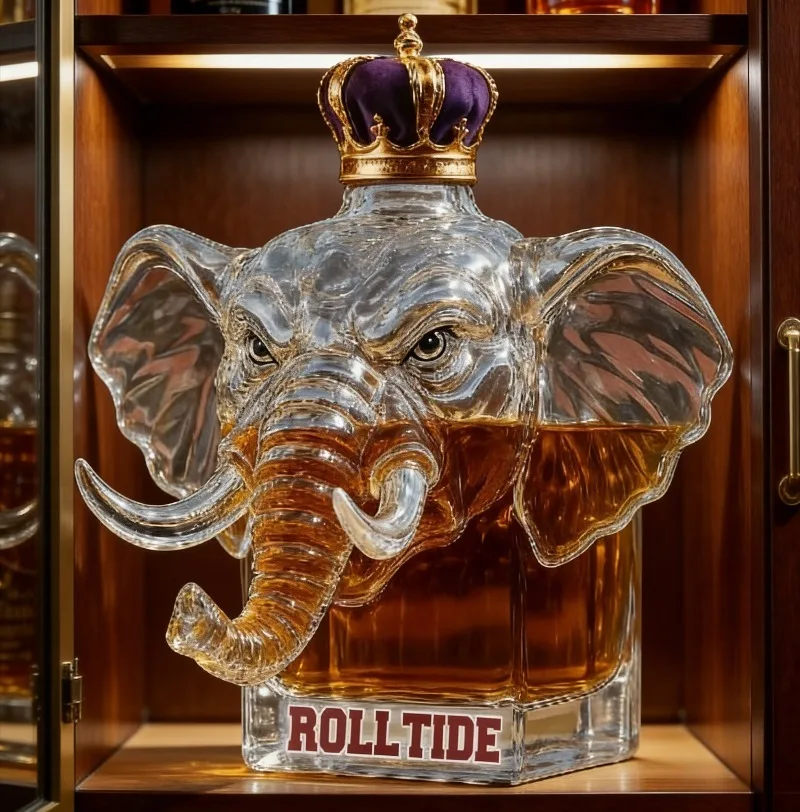 Alabama Roll Tide Elephant Head Whiskey Decanter, Crown Style Glass Liquor Bottle for Alabama Fans Gifts & Bar Decor