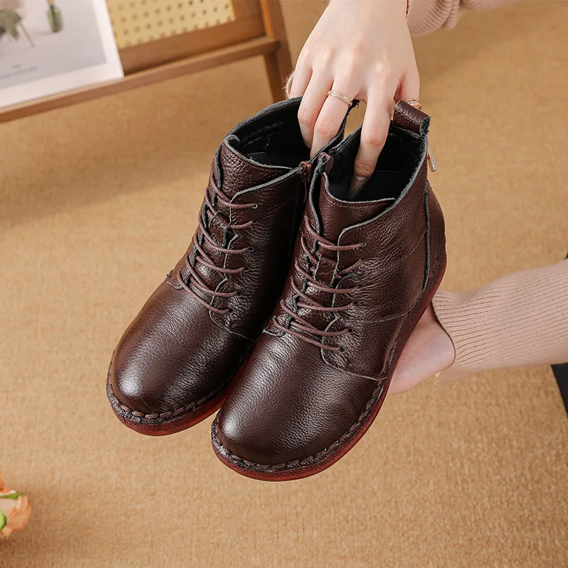 

Head layer cowhide soft soled short boots single boots autumn and winter with plush breathable flat bottom mom cotton boots