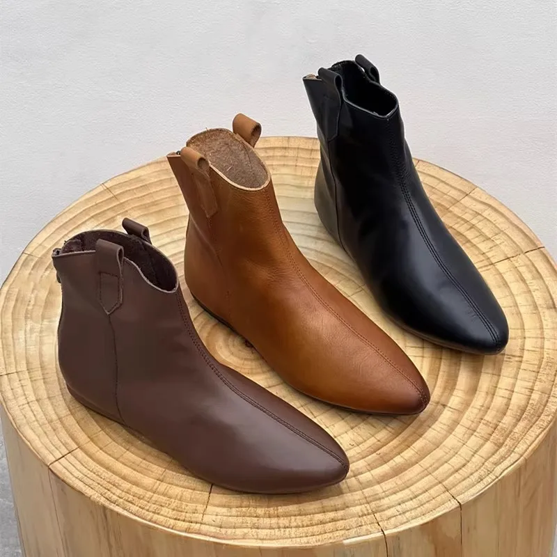 

Vintage Versatile Pointed Toe Fashion Boots Soft Leather Flat Booties Women's Shoes