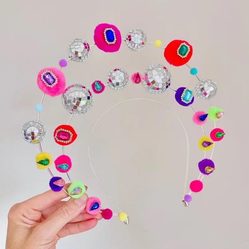 

Gold Halo Diamond Headband - Silver Disco Glitter Ball & Rainbow Pom Pom Headdress for Music Festival & Birthday Parties