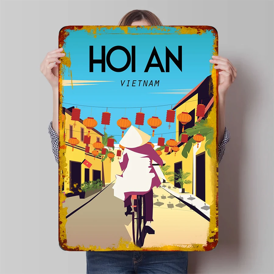 Hoi An Vietnam Vintage Metal Wall Art Scenic Street Lanterns Bicycle Decor for Home Office