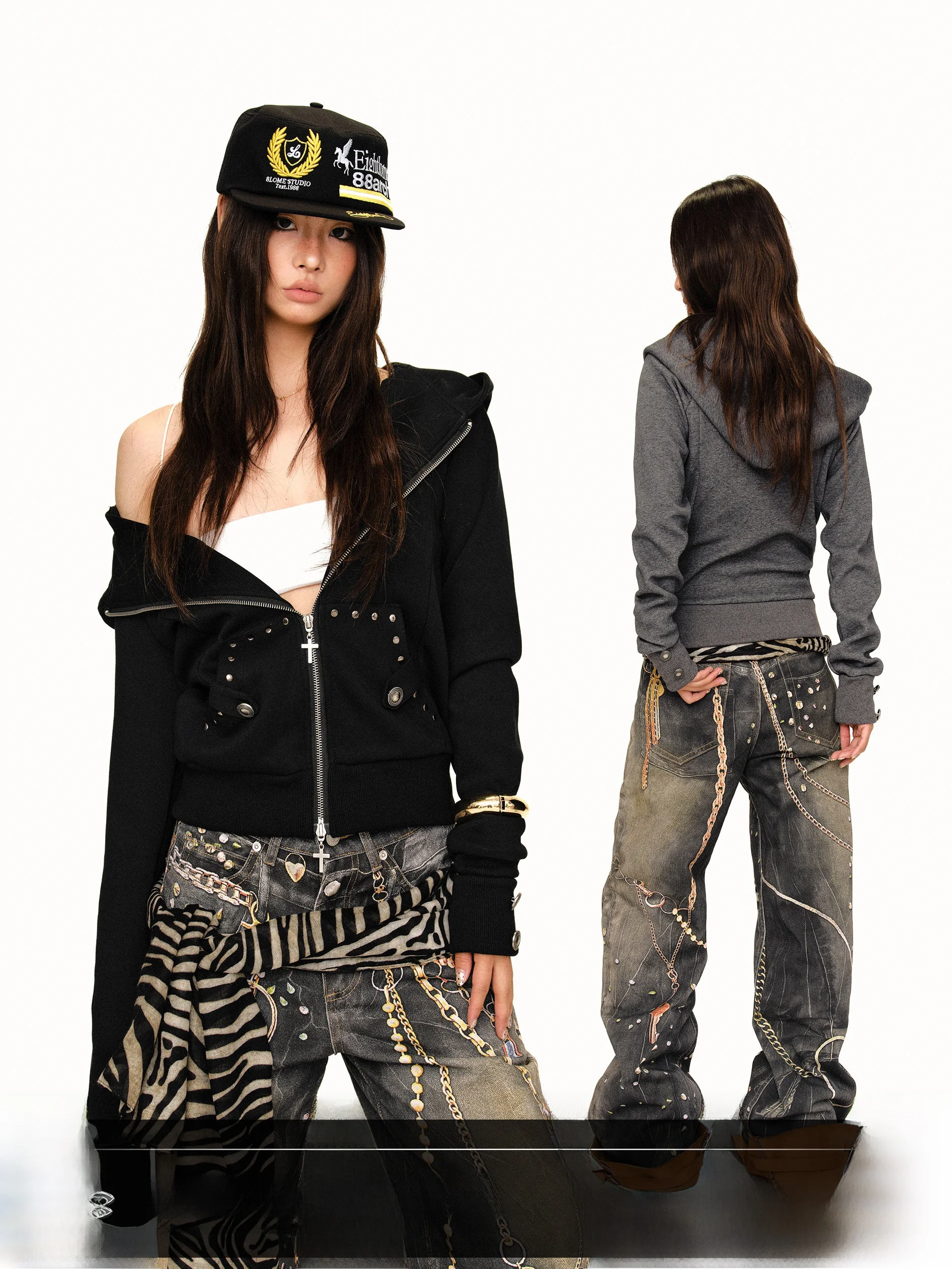 American Style Short Hooded Jacket Double Zipper Rivet Pocket Slimming Top BlackBB High Street Weathered Look Women's Coat