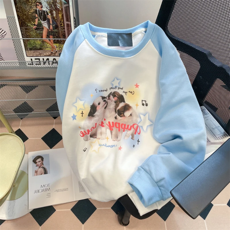 

Women's O-Neck Loose Pullovers Cute Dog Letter Print Sweatshirts Korean Style Contrast Color Long Raglan Sleeve Trend T-Shirt