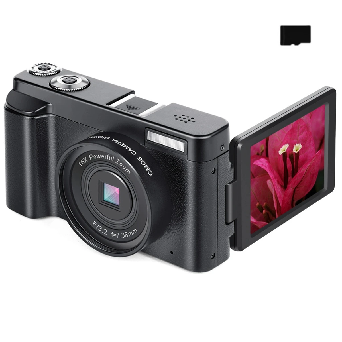 Digital camera with 48 MP, HD 1080p, 16x Zoom, flip screen, 32GB card black