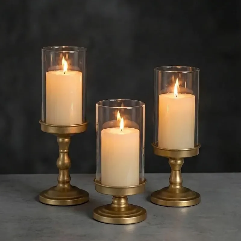 for European Gold Glass Candle Holder 3 Piece Transparent Windshield Wedding Party Atmosphere Decorative Ornament