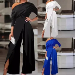 Monos elegantes para mujer, mono Sexy con hombros descubiertos y fruncidos, mono de pierna ancha con abertura, mono de fiesta liso para oficina y negocios, novedad de 2024
