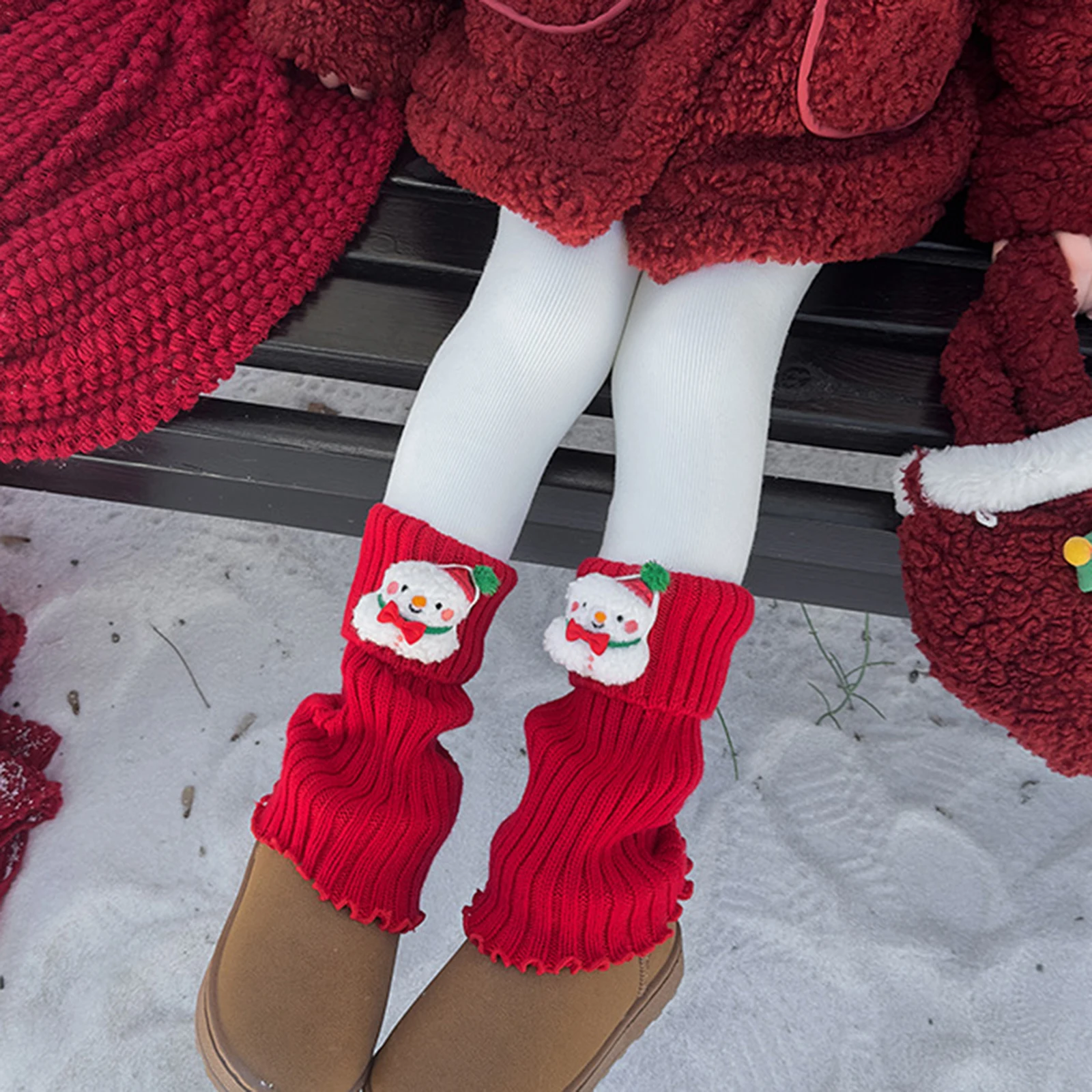 

Suefunskry Kids Girls Christmas Leggings Knit Patchwork Cartoon Santa Claus Patches Thick Tights Comfortable Warm Pants