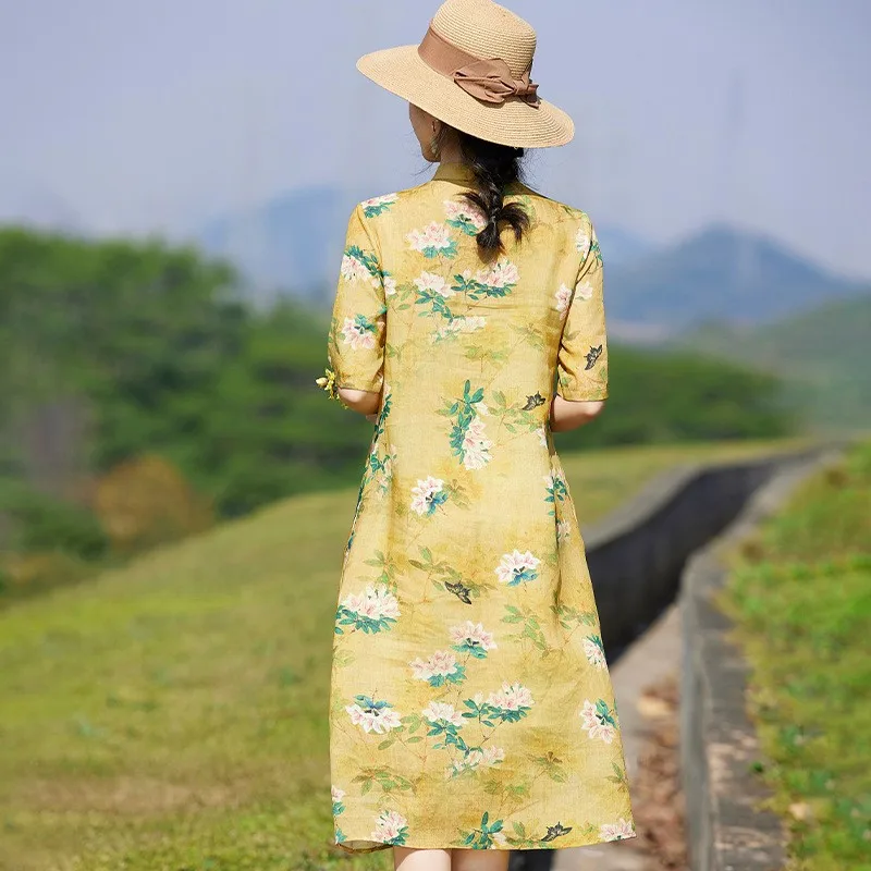 Verano 2023 adelgazante A-Line Midi Dr estampado Floral cuello Qipao mujer de talla grande tela de lino Casual ropa de oficina comodidad en el hogar
