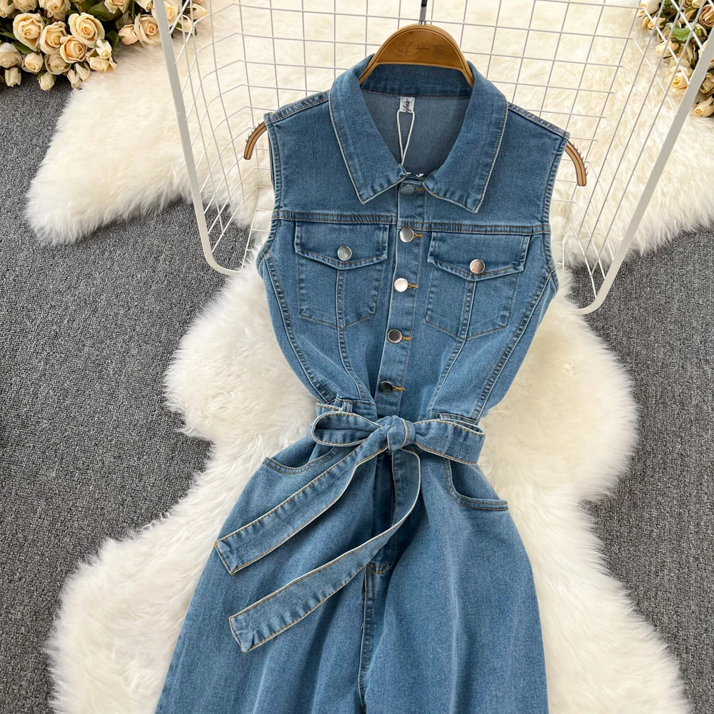 Summer Women Denim Jumsuit Solid Sleeveless Blue Turn Down Collar Wide Leg Overalls Jeans Female Casual Versatile Bodysuit