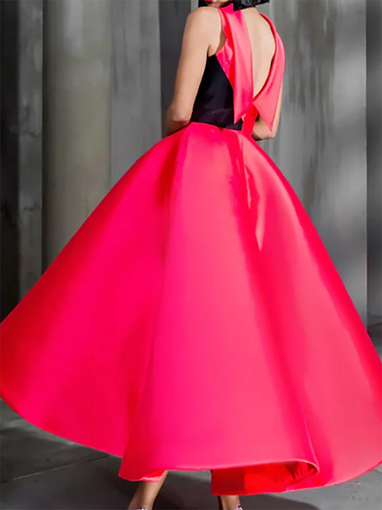 클래식 스테인 오-넥 민소매 보우 새시 A 라인 정장 이브닝 드레스 생일 파티 댄스 파티 드레스 맞춤형