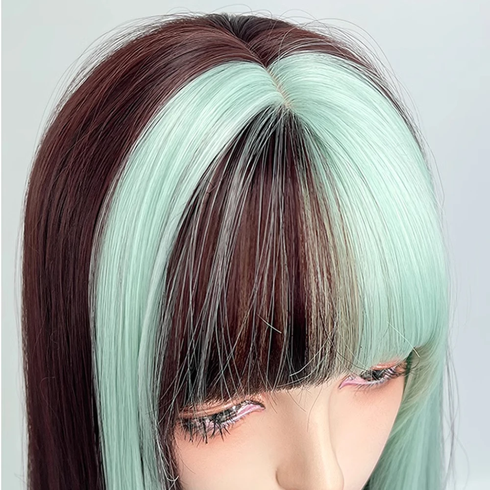 Peruca sintética marrom misturada com destaques verdes, peruca reta com franja para mulheres, cosplay diário, festa, lolita, cabelo falso realista