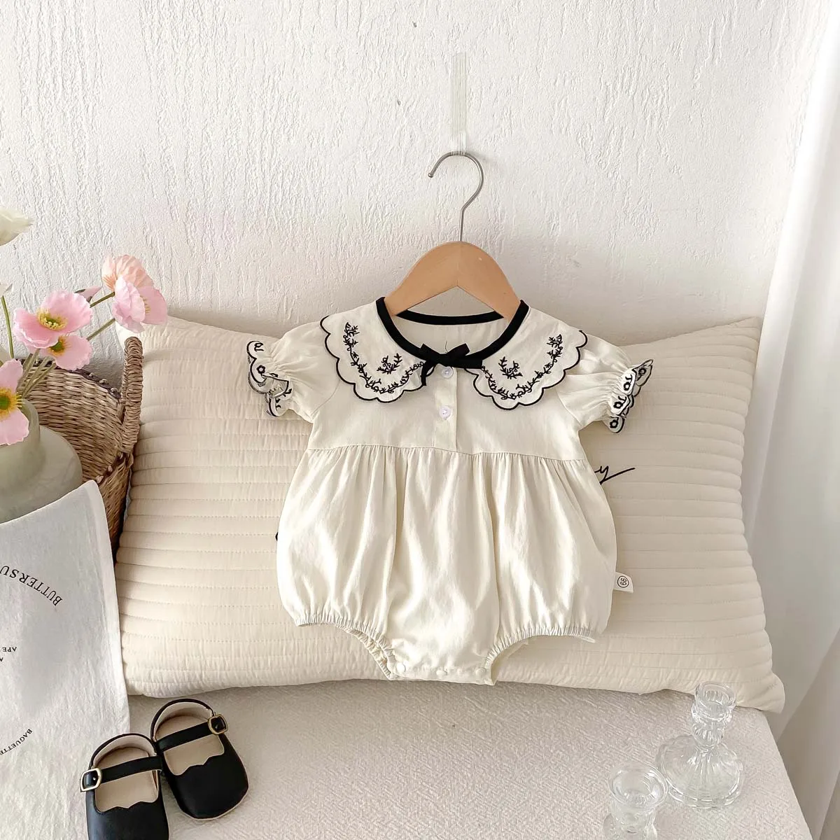 Baby Summer Embroidered Lapel Short Sleeve Triangle Jumpsuit Girl Baby Sweet Cute Jumpsuit with Bow for Summer Toddlers and Baby