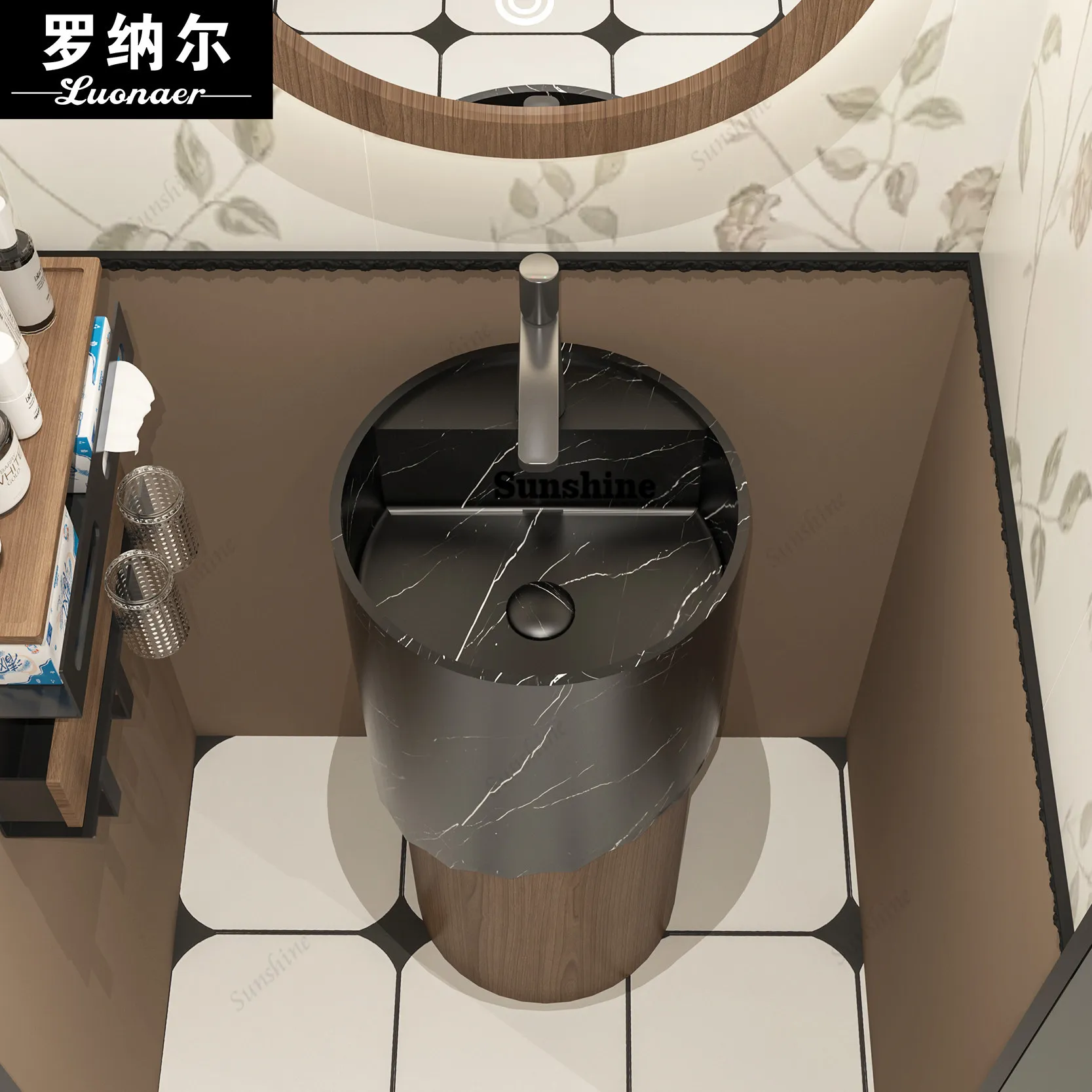 Italian medieval style, integrated floor type, wood grain, artistic and creative hotel pillar basin