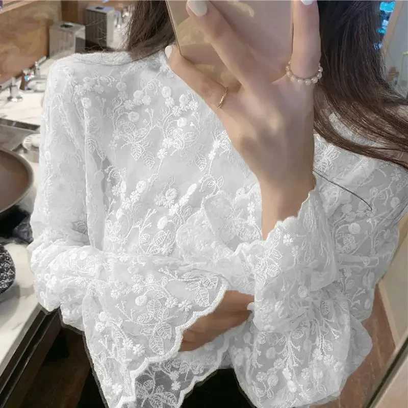 

Autumn and Winter Small Shirt Blusas Ropa De Mujer Blouse Women Lace Shirt Mesh Women's Lace-Collared Blouse