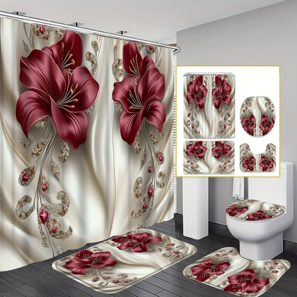 4pcs Red Lily Golden Accent Shower Curtain Set with Floor Mat & Toilet Mat, Polyester Machine Washable All-Season Luxury Decor
