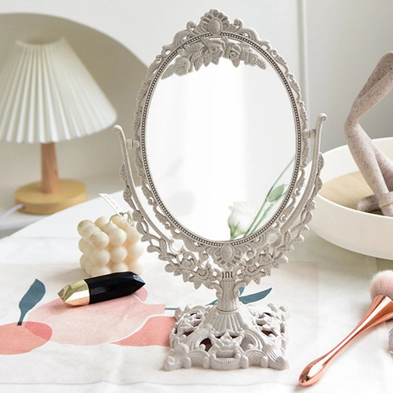 Nordic Silver Plastic Vintage Decorative Mirror Small Round Make-Up Bedroom Mirror Ins Table Room Standing Glass Mirror