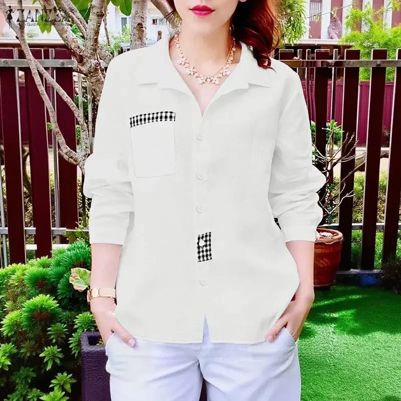 

Женская рубашка ZANZEA 2026 с отложным воротником, длинным рукавом, весенняя, в клетку, с лоскутным узором, женская офисная блузка, повседневная, на пуговицах, топы, блузы
