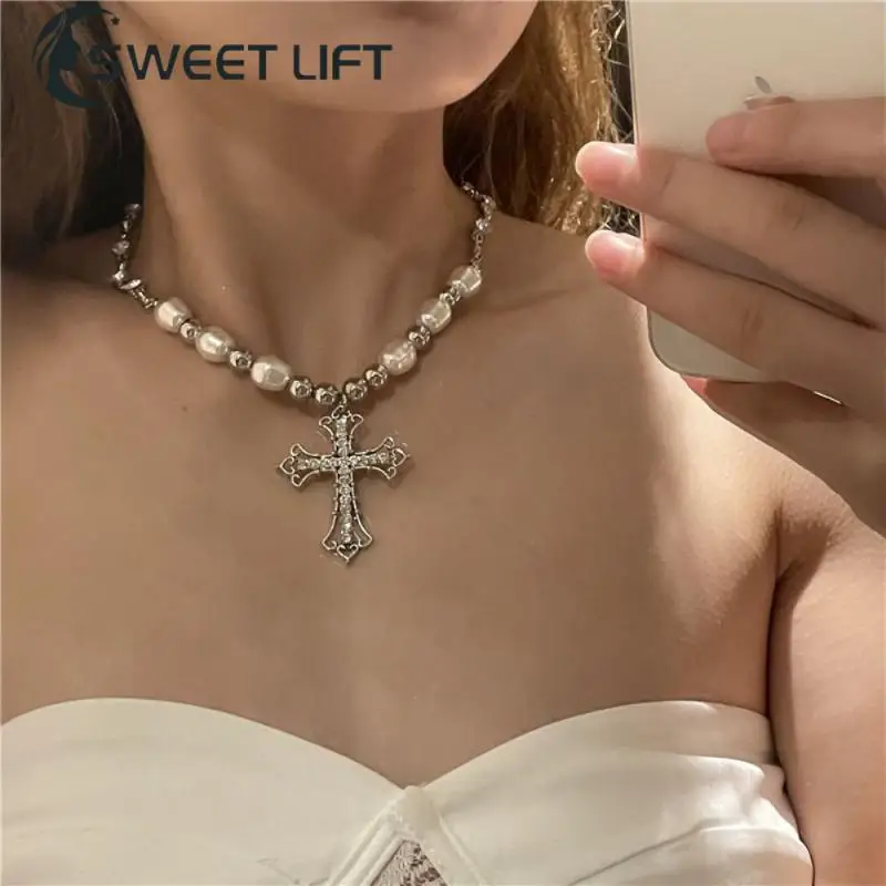 

Vintage Pearl Cross Pendant Layer Sweater Necklace Cross Pendant Stainless Steel Pendant Necklace Pearl Suture Beaded Clavicle