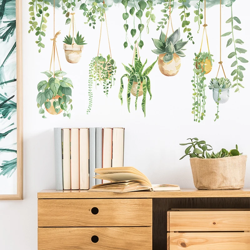 الجدران الإبداعية الفن الأخضر ورقة الكرمة سلة معلقة بوعاء الفينيل ملصقات جدارية للديكور المنزل الغرف الجمالية المناظر الطبيعية