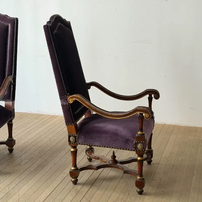 American Solid Wood High Back Single Sofa Retro Purple Flannel Armchair for Living Room Balcony Leisure Reading Chair