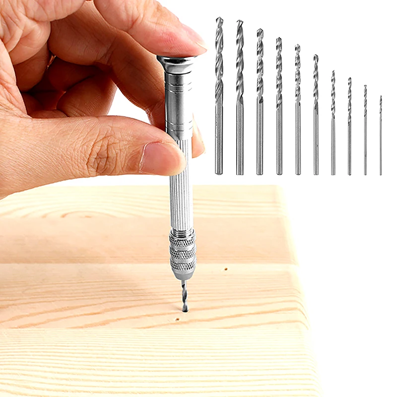 1Set Mini Hand Drill Woodworking Tools Drilling Rotary Tool Manual Twist Drill Bit Watchmaker Pin Vice Watch Repair Tools