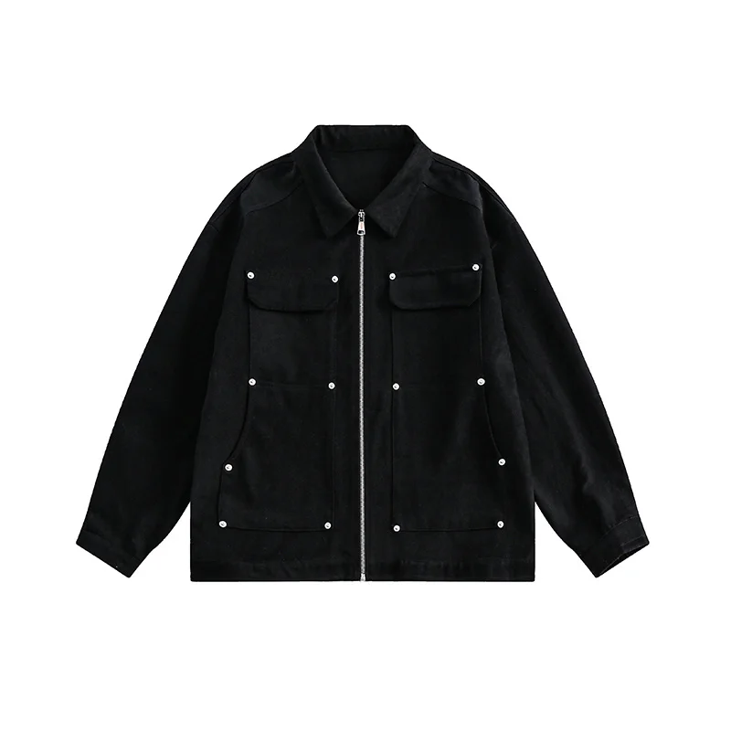 

Streetwear Cargo Jacket Solid Color Mens Autumn Patch Pocket Decoration Casual Loose Lapel Zipper Long Sleeve Outerwear Clothes
