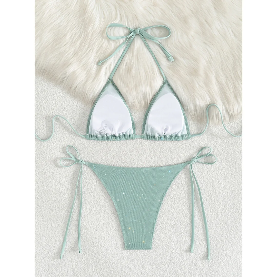 Glitzernder, funkelnder Neckholder-Bikini mit hohem Beinausschnitt, Damen-Badebekleidung, zweiteiliger Bikini-Set, Badeanzug, Badebekleidung, Schwimmbekleidung V5501R – Detail 33