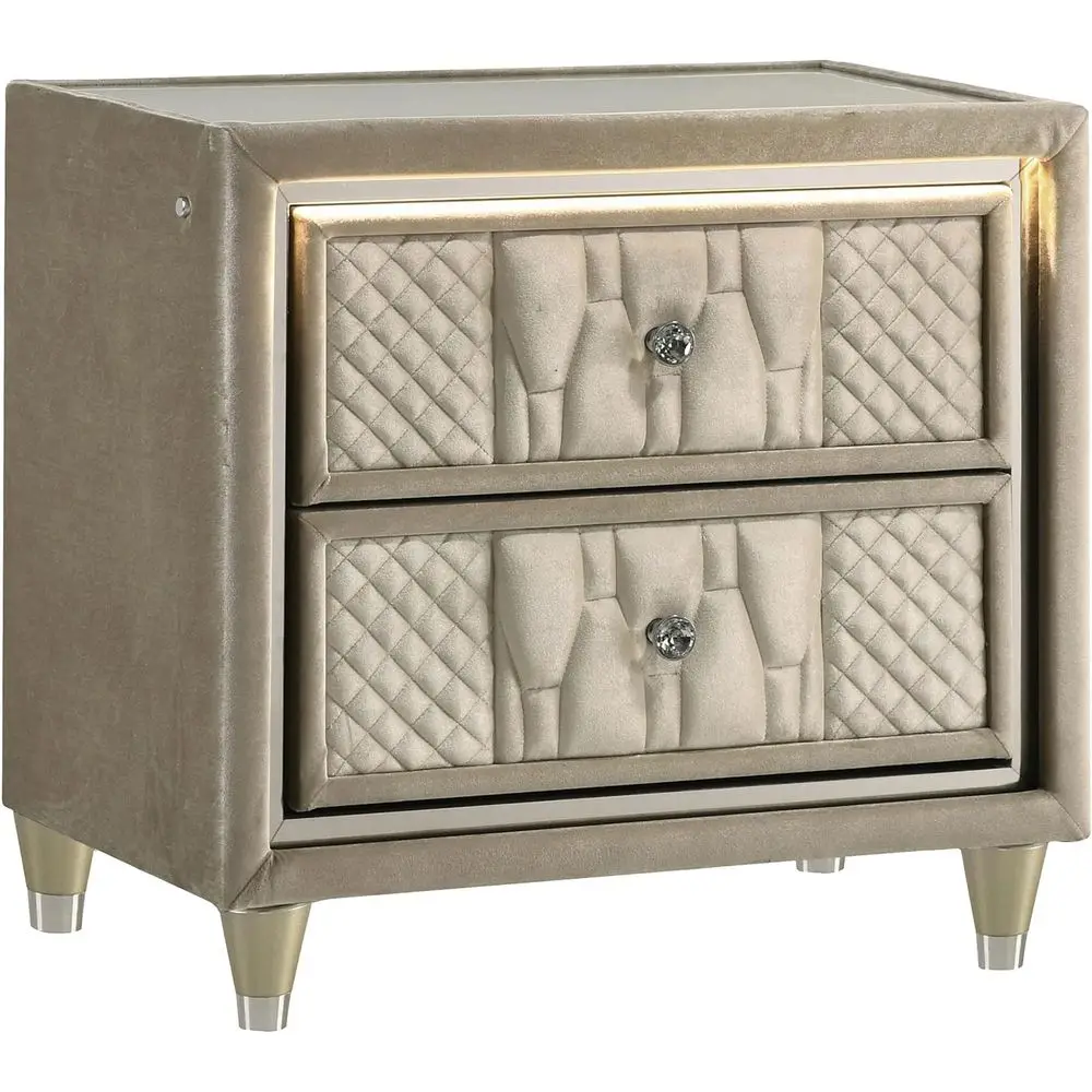 Ivory & Camel 2-Drawer LED Nightstand with USB Port, Crystal Handles, Felt-Lined Drawers & Glass Top