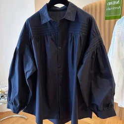 Designed Pleated Niche Loose Casual Shirt Women Autumn Lantern Sleeve Top