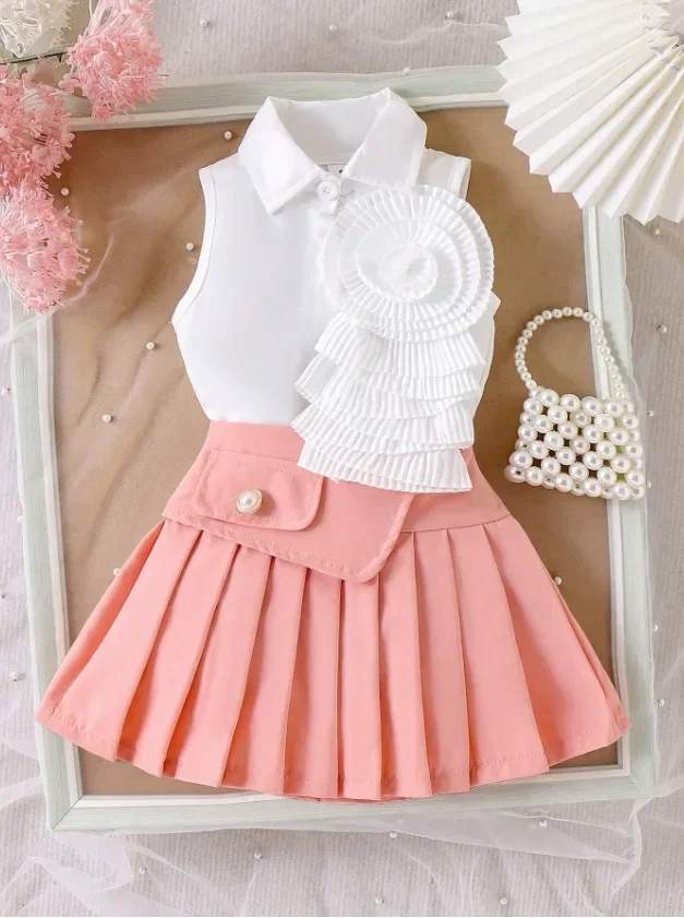 

Elegance Kid Dress Summer Girl Set Collared Sleeveless Flower Pattern Blouse Pleated Skirt Two-Piece Children Outfit Baby Dress