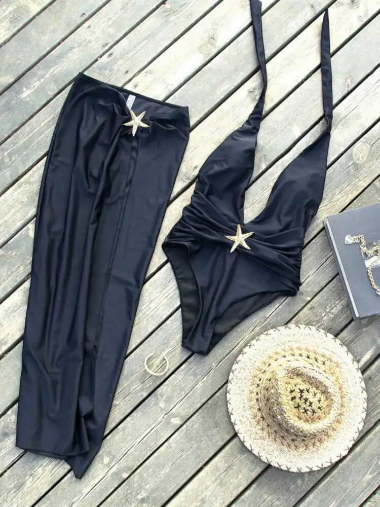 

Summer Women Black White Sexy Backless Deep V Neck Halter One-piece Bodysuit Swimsuit And High Waist Split Long Skirt Beach Sets