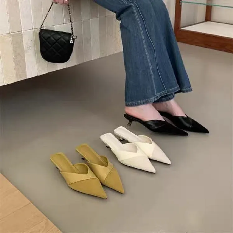 French-style Suede Patchwork Pointed Cat-heel Backless Slip-on 2026 New Versatile Simple Commuting-style Thin-heeled Mules