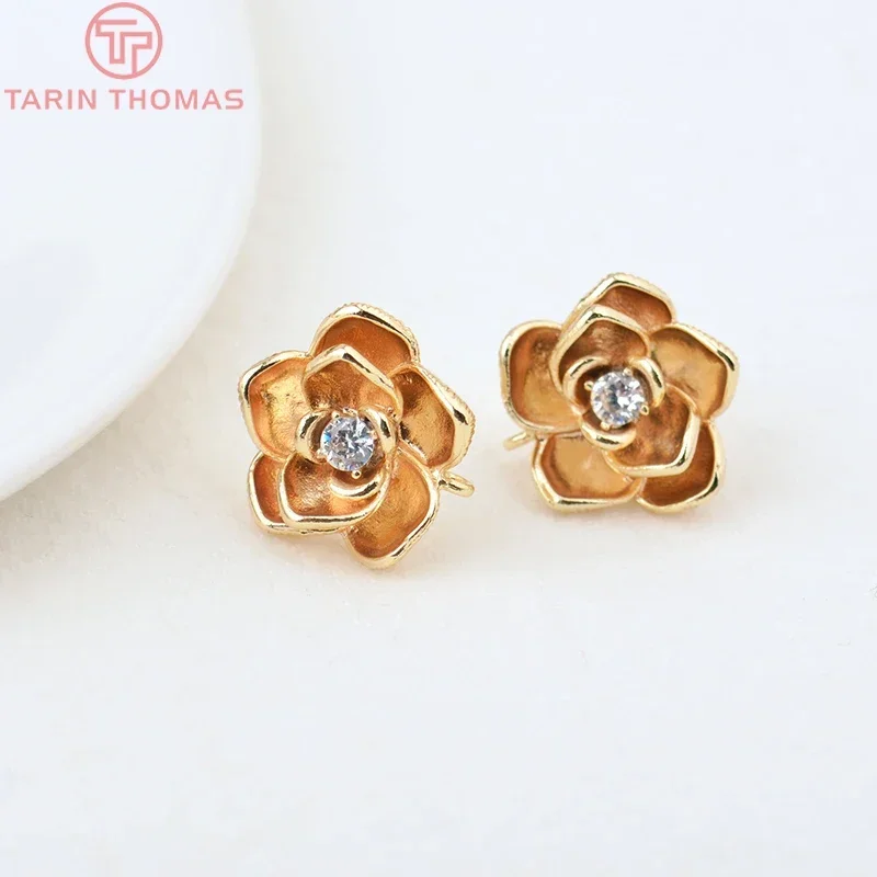 (2080)6PCS 14MM Hole 1MM 24K Gold Color Brass with Zircon Flower Stud Earrings High Quality DIY Jewelry Making Findings