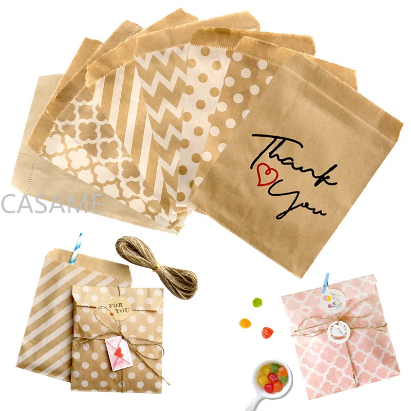 25 pcs Pretty Kraft Candy Bag for Wedding Party Guest Gift Dot Stripe Flower Shape 13*18cm/10*15cm/ 8*15cm Food Safe Cookie