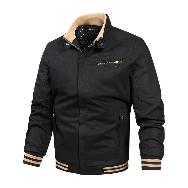 2025 Autumn Men Cargo Jacket Fashion Contrast Color Striped Stand Collar Man Coat Long Sleeve Outdoor Casual Male Outerwear