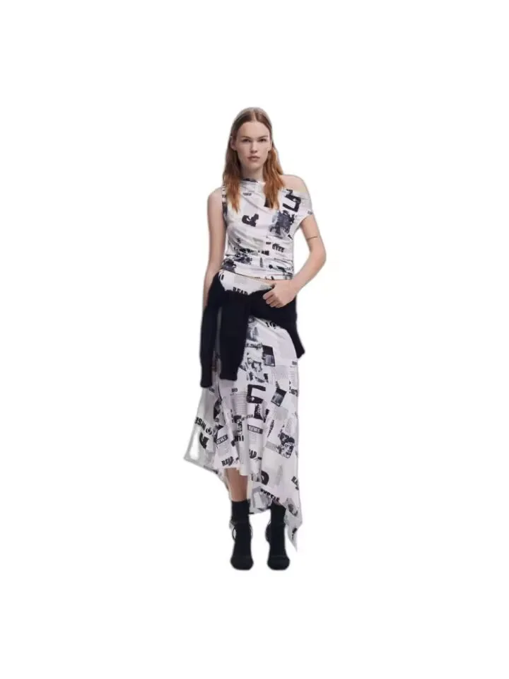 Spanish foreign trade new color twill print asymmetrical style solid color long women\'s dress
