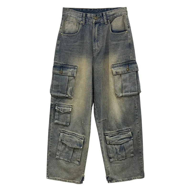 Spodnie Cargo Jeansy Damskie Vintage Długie Do Podłogi Wiele Kieszeni Niska Talia Sprane Postarzane Streetwear Luźne Spodnie Denimowe 2025