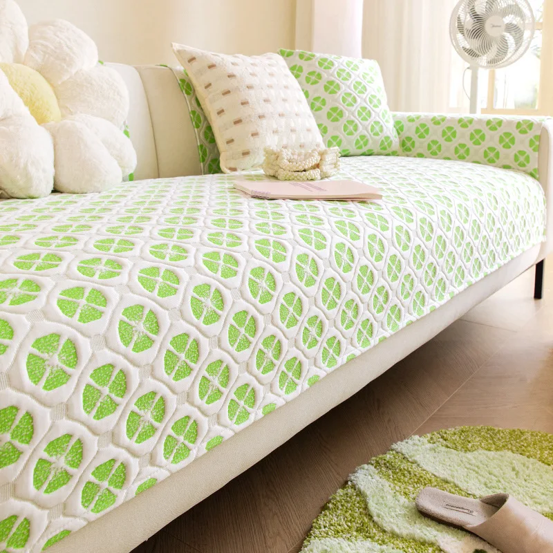 

Summer Ice Silk Non-Slip Living Room Sofa Cushion Jacquard Cooler Backrest Armrest Cover Cloth Fixed Slip Resistant Sofa Cover