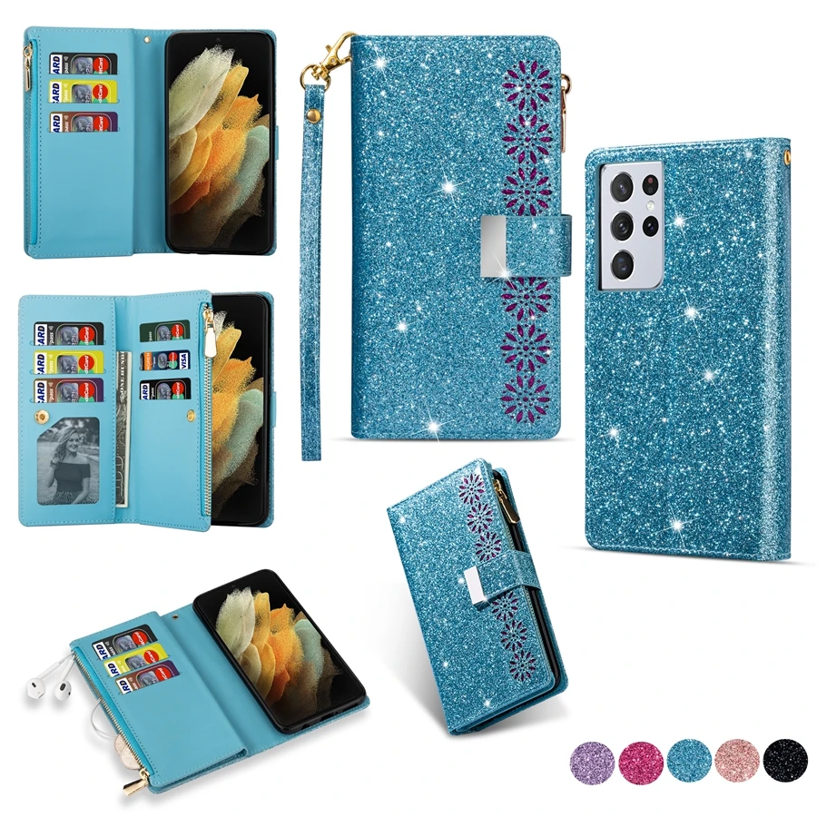 Multi Card Wallte Glitter Leather Case For Samsung Galaxy S23 Ultra S22 S21 Plus S20 FE S10 A12 A13 A32 A33 A51 A52 A53 A71 A72