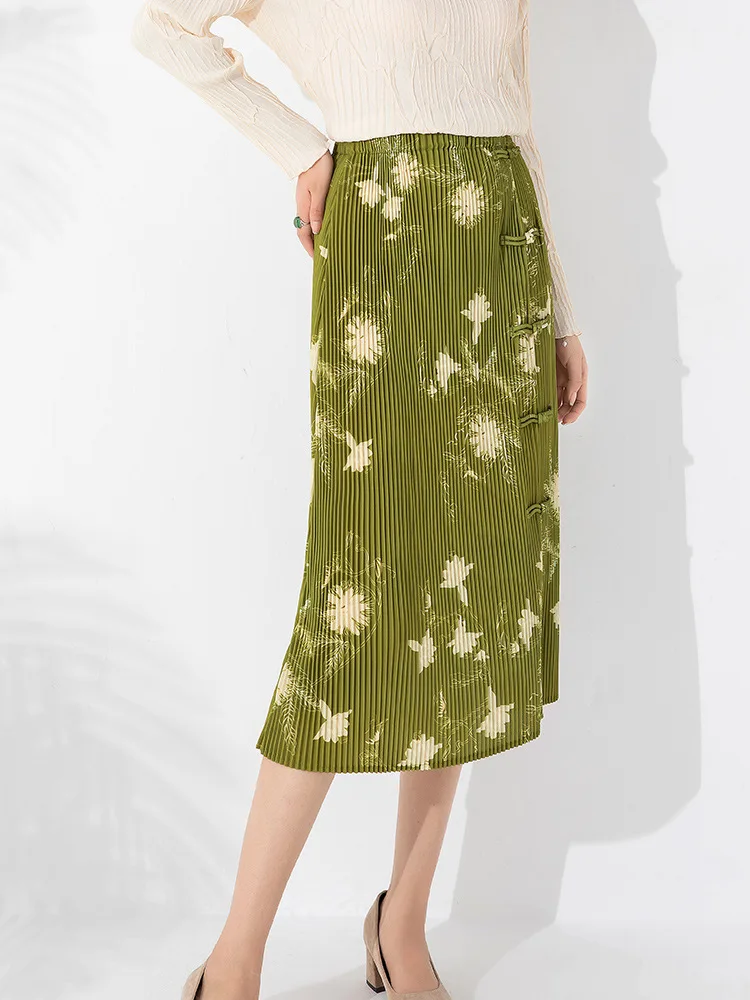 Boutique MIYAKE Printed pleated retro button split half skirt with a feminine high waisted and slim pleated skirt[20230412]