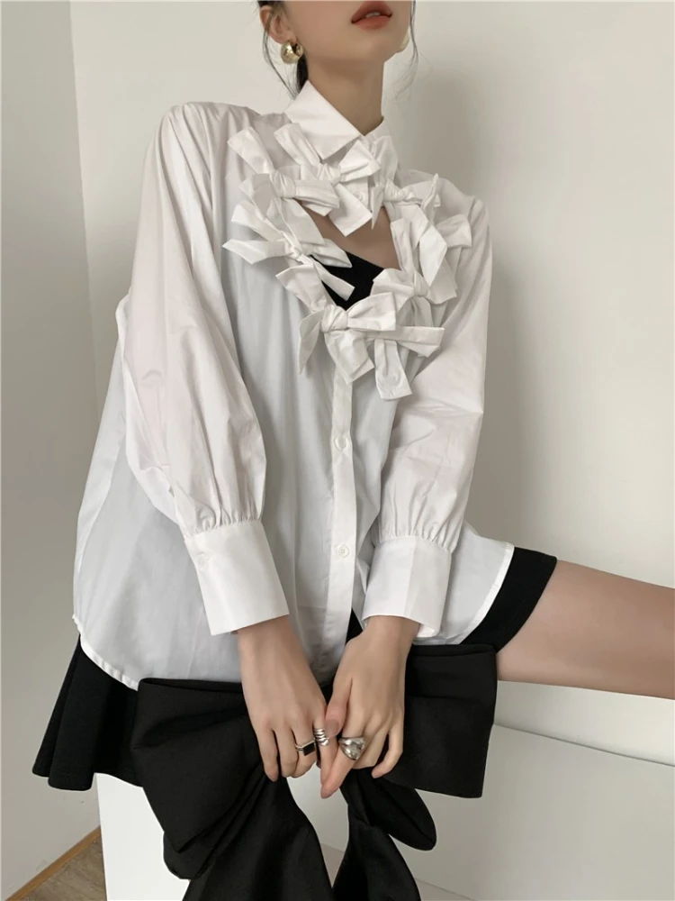 Fashion Elegant Blouses for Women Monochromatic Bow Patchwork Hollow Out Design Shirts Spring Autumn 2024 New Chic Clothing Tops