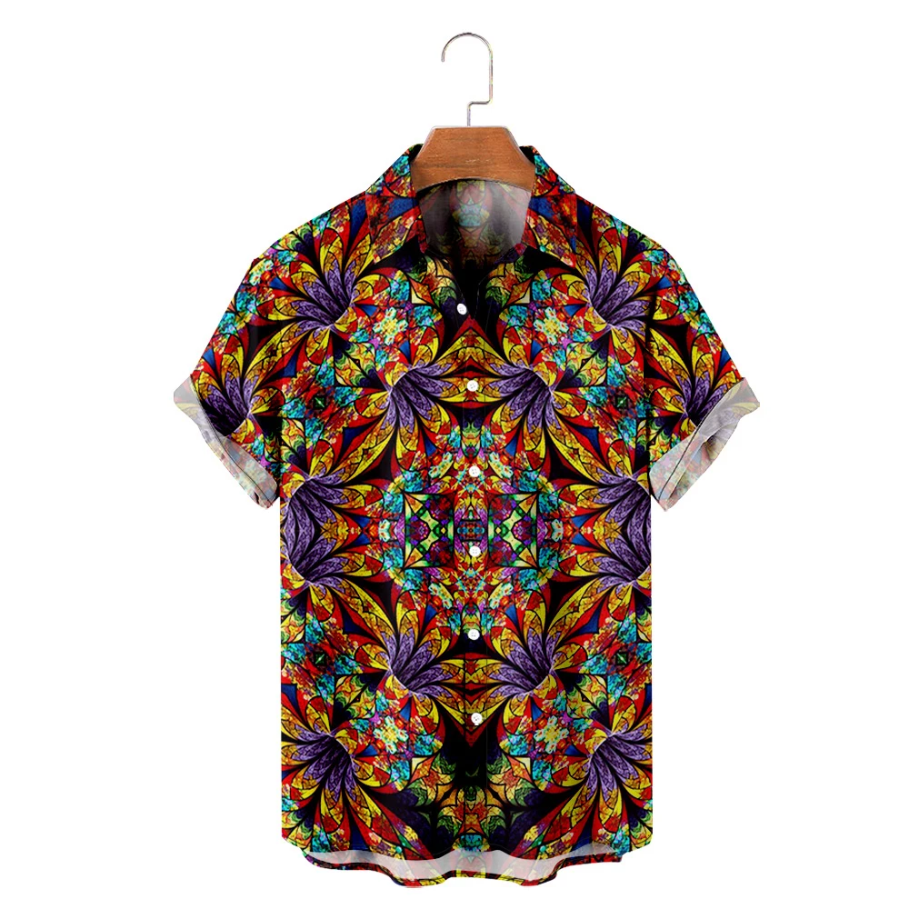 

Men Hawaiian T-Shirt Broken Flowers Fashion Shirt Kaleidoscope 3D Print Cozy Casual Short Sleeve Beach Oversized Street Shirtman