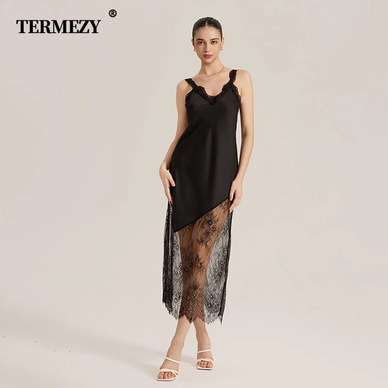 

TERMEZY Women's Satin Nightgown Lace Panels Sexy Elegant French Transparent Maxi Lingerie V-Neck Hollow Out Soft Sleep Dress