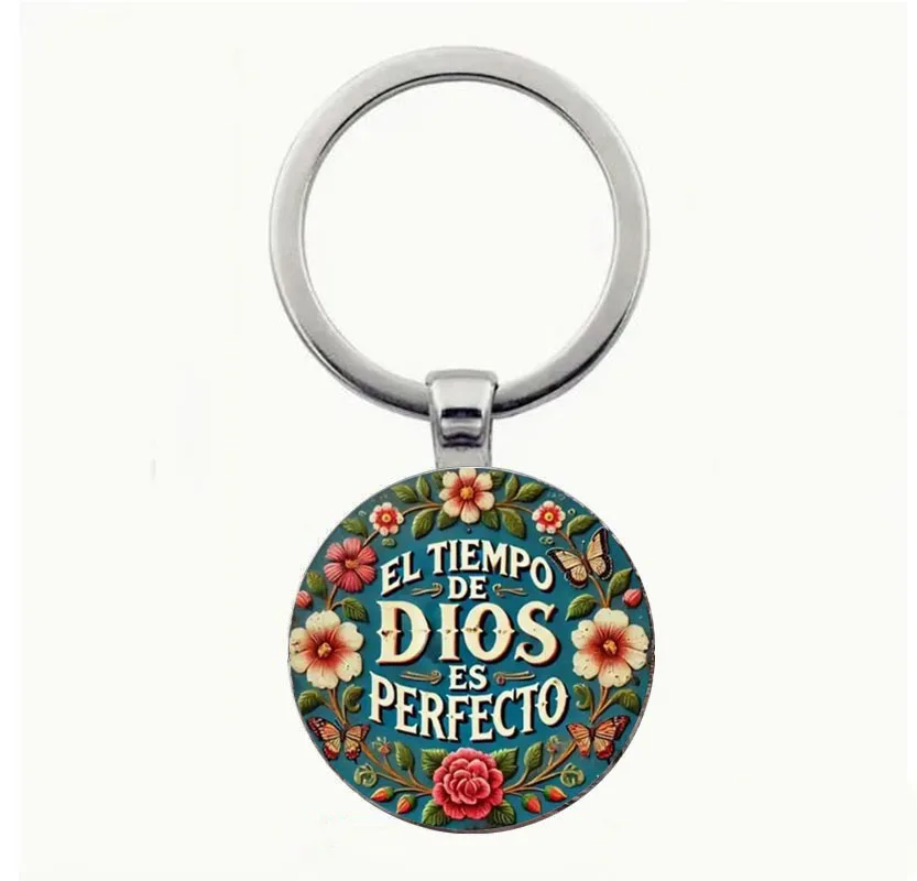 

Vintage "El Tiempo de Dios Es Perfecto" Zinc Alloy Keychain - Round Glass Pendant with Floral & Butterfly Design, Ideal for Men