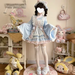 Japanese Gothic Lolita Bow Apron Maid Kimono Dress Women Girl Y2k Kawaii Animation Show Dresses Cat Halloween Cosplay Costumes