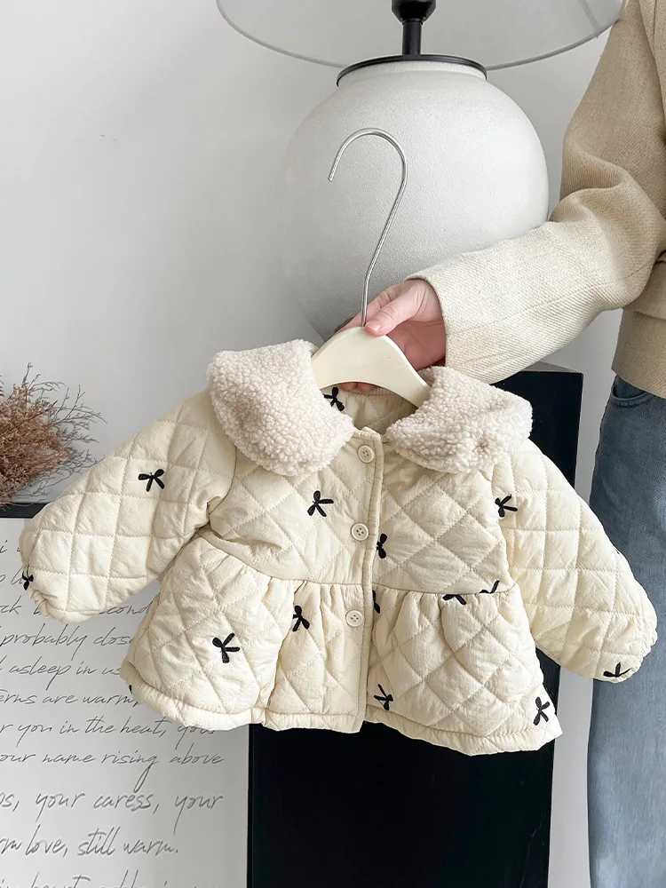 2024 Winter New Baby Fleece Warm Coat Infant Girls Cotton Padded Jacket Plus Velvet Thick Toddler Lapel Embroidery Cardigan