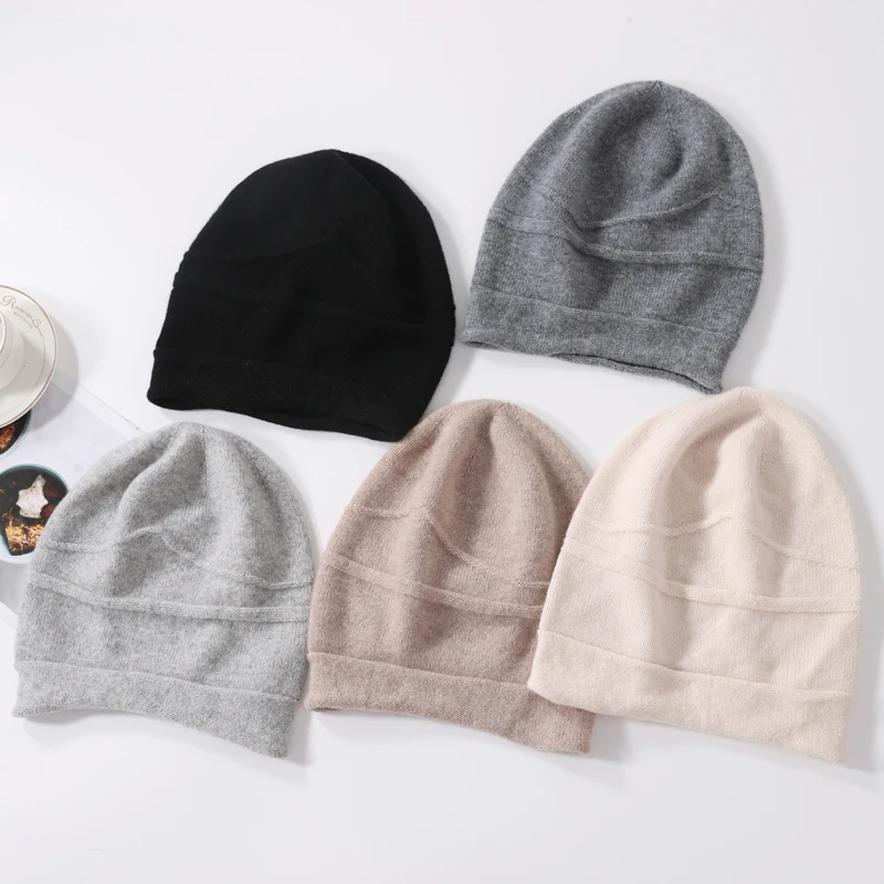 100%Pure Cashmere Beanies for Women Winter 2023 Solid Warm Soft Hat Bonnets y2k Knitted Skullies Cute Hats Ear Protect Caps