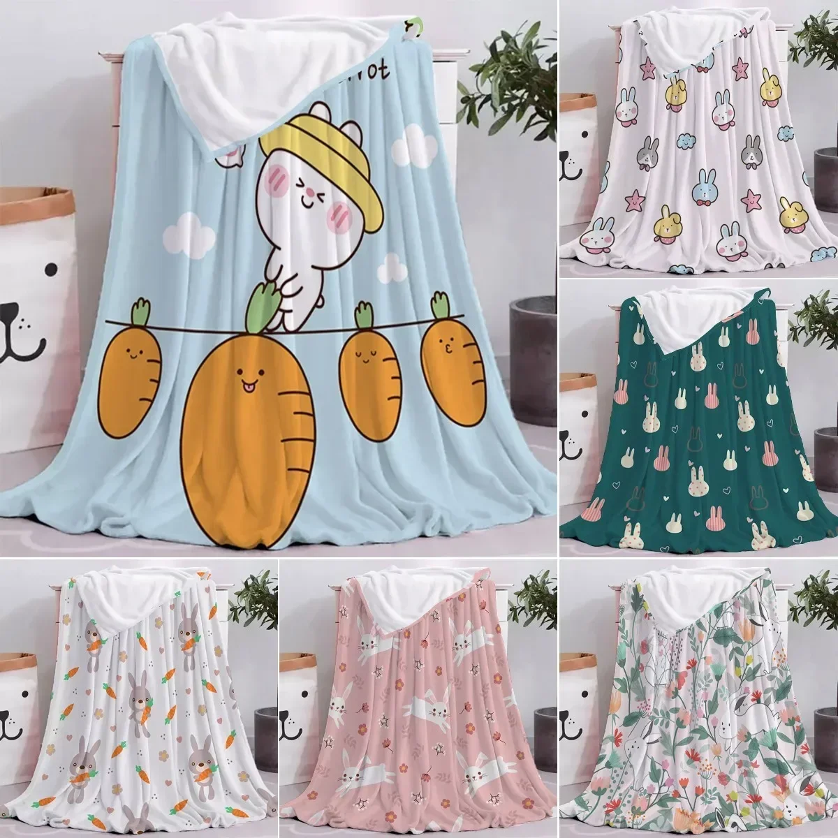 Cartoon Rabbit Throw Blanket Cute Kawaii Wild Animals Carrot for Kid Girls Women Gift All Season Warm for Bed Sofa Couch Blanket