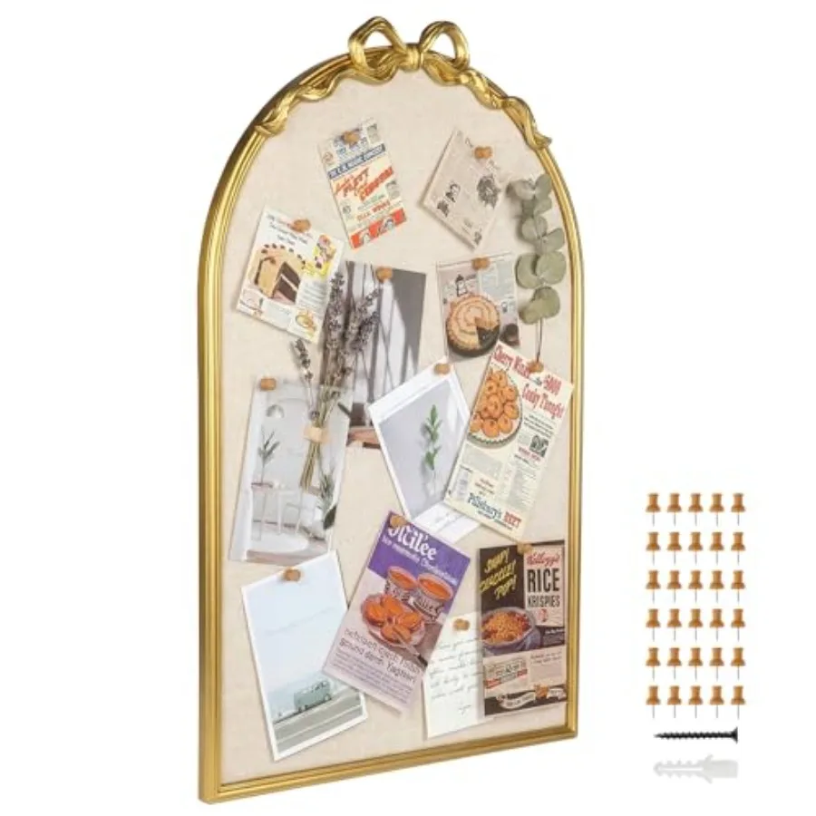 

Vintage Arched Bulletin Board with Gold Bowknot Decorative Linen Fabric Pin Board Metal Frame Wall Picture Photo Board for Scho